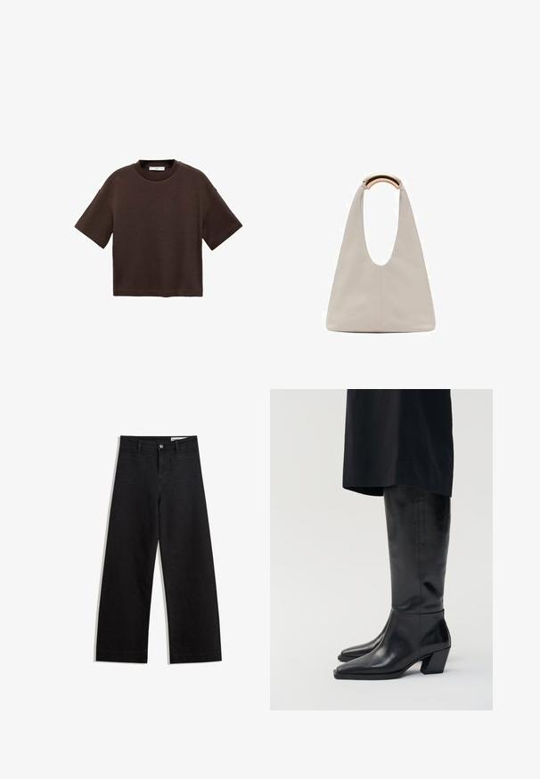 Brown short-sleeve t-shirt made of soft cotton. Features a round neckline and a boxy fit, with a smooth texture and no visible patterns.; Black wide-leg denim pants with a high waist, featuring front and back pockets, stitched seams, and a button closure. Smooth texture.; Black leather knee-high boots with a pointed toe and square block heel, featuring smooth texture and minimalist design.; Light gray leather bag with a U-shaped design and a curved metallic handle. Smooth texture with minimal stitching and no visible patterns.