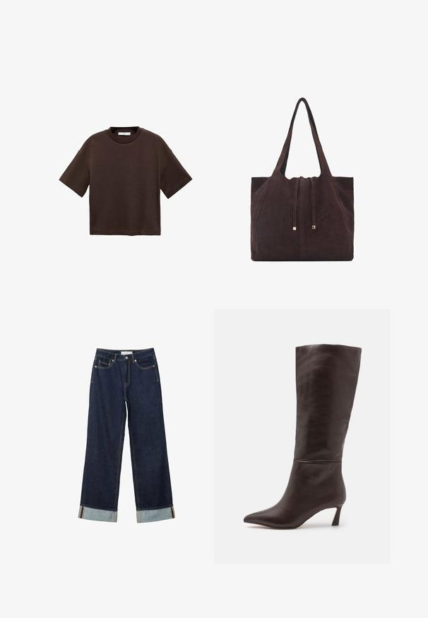 T-shirt marron à manches courtes en coton doux. Dispose d'un col rond et d'une coupe ample, avec une texture lisse et sans motifs visibles.; Jean large bleu foncé à taille haute, avec des ourlets roulés, des coutures contrastées et un design à cinq poches. Fabriqué en tissu en denim.; Steve Madden LAVAN - Bottes - brown; Mango Cabas - dark brown