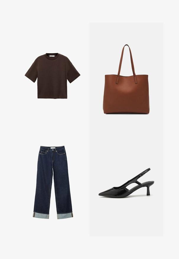 Braun majica s kratkimi rokavi, izdelana iz mehkega bombaža. Ima okroglo ovratnico in širok kroj, z gladko teksturo in brez vidnih vzorcev.; Temno modri široki jeans z visokim pasom, s zavitimi manšetami, kontrastnim šivanjem in dizajnom s petimi žepi. Narejeni iz jeansa.; Črne slingback pete z ostrim nosom, narejene iz svetlečega materiala, z izreznimi detajli in zmerno peto za podporo.; Rjava usnjena torba z gladko teksturo, odprto zasnovo zgoraj in dvema naramnima trakovoma. Opremljena je z minimalnim šivanjem in brez vidnih kovinskih delov.