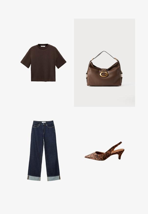 Bruine T-shirt met korte mouwen, gemaakt van zachte katoen. Heeft een ronde halslijn en een recht model, met een gladde textuur en geen zichtbare patronen.; Donkerblauwe wijde jeans met een hoge taille, voorzien van omgeslagen manchetten, contrasterende stiksels en een vijf-pocket ontwerp. Gemaakt van denim stof.; Sluipende leopardenprint slingback hakken met een spitse neus, lage hak en een gladde textuur. Heeft een uitsnijding aan de zijkanten en achterkant.; Bruine leren handtas met een textuurafwerking, voorzien van een gouden sluiting en een enkele, gebogen schouderriem.