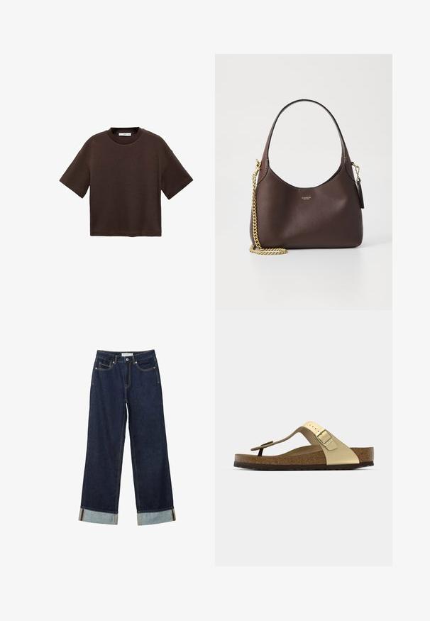 Brązowa koszulka z krótkim rękawem, wykonana z miękkiej bawełny. Posiada okrągły dekolt i luźny krój, charakteryzuje się gładką fakturą i brakiem widocznych wzorów.; Ciemnoniebieskie dżinsy o szerokich nogawkach i wysokim stanie, z podwiniętymi mankietami, kontrastowym przeszyciem i pięcioma kieszeniami. Wykonane z materiału dżinsowego.; Sandały z korkową wkładką w jasnym złocie z paskiem między palcami i regulowanym zapięciem. Posiadają teksturowaną podeszwę dla lepszej przyczepności. Neutralna kolorystyka.; COACH BROOKLYN ciemnobrązowy