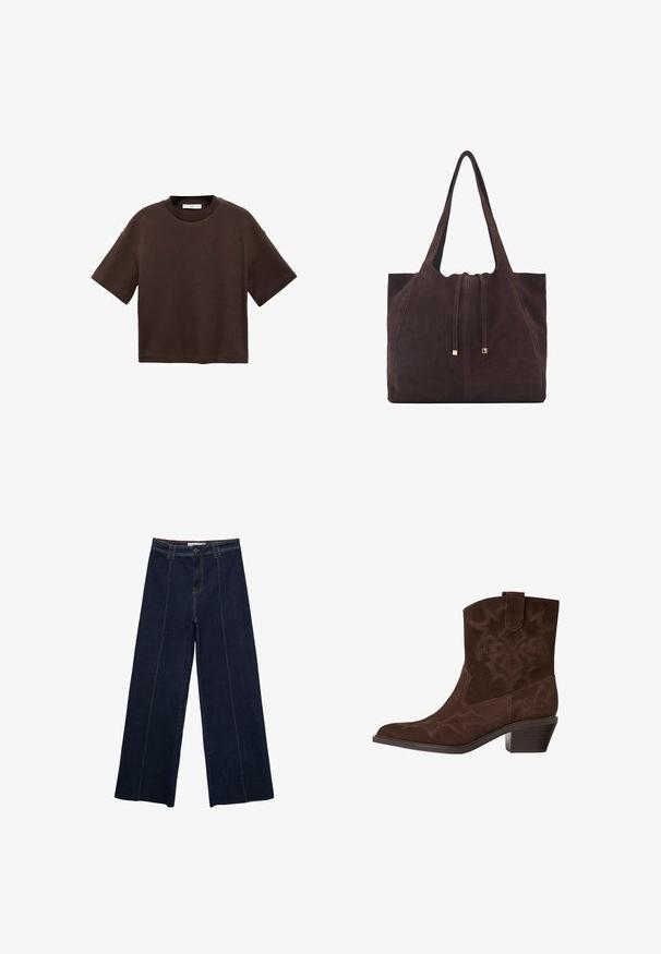 Brązowa koszulka z krótkim rękawem, wykonana z miękkiej bawełny. Posiada okrągły dekolt i luźny krój, charakteryzuje się gładką fakturą i brakiem widocznych wzorów.; Szerokie spodnie z ciemnego denimu z kontrastowym przeszyciem, wysoki stan i prosty krój. Posiadają kieszenie z przodu oraz klasyczne zapięcie na guzik.; Brązowy zamszowy but kowbojski z wąskim noskiem, ozdobnymi wzorami przeszyć, wysokością do kostki oraz klinowym obcasem. Posiada uchwyt ułatwiający zakładanie.; Mango - Torba na zakupy
