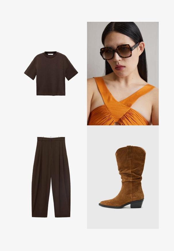 Tricou scurt cu mânecă scurtă, de culoare maro, fabricat din bumbac moale. Are un decolteu rotund și o croială tip boxy, cu o textură netedă și fără modele vizibile.; Pantaloni maronii cu talie înaltă, cu pliuri, confecționați dintr-un material neted. Croi lejer, model cu picior drept, având bucle pentru curea și închidere cu fermoar.; Botină cowboy din suede maro, cu un design lejer, vârf ascuțit și toc stratificat. Prezintă detalii cusute și un manșon în spate.; Ochelari de soare supradimensionați, cu rame dreptunghiulare largi, în nuanțe de tortoise brown și lentile cu gradient. Detaliu cu logo auriu pe lateral.