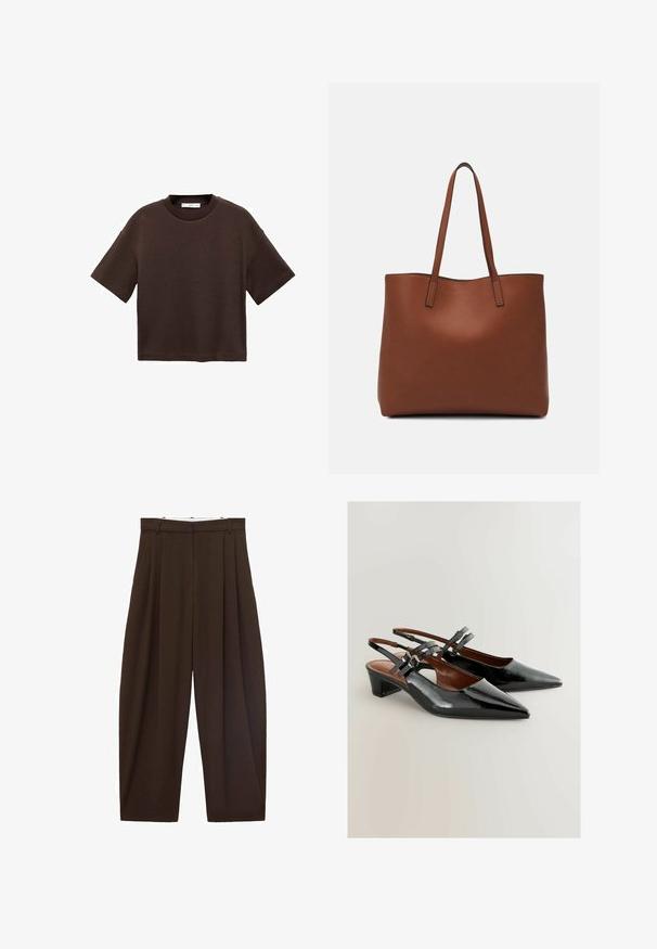 Tricou scurt cu mânecă scurtă, de culoare maro, fabricat din bumbac moale. Are un decolteu rotund și o croială tip boxy, cu o textură netedă și fără modele vizibile.; Pantaloni maronii cu talie înaltă, cu pliuri, confecționați dintr-un material neted. Croi lejer, model cu picior drept, având bucle pentru curea și închidere cu fermoar.; Pantofi slingback din piele lacuită negri, cu vârful ascuțit, toc mediu și curele decorative cu cataramă. Textură netedă cu un design elegant.; Geantă de umăr din piele maro cu o textură netedă, design cu vârf deschis și două curele pentru umăr. Prezintă cusături minime și fără componente metalice vizibile.