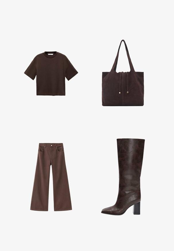 Tricou scurt cu mânecă scurtă, de culoare maro, fabricat din bumbac moale. Are un decolteu rotund și o croială tip boxy, cu o textură netedă și fără modele vizibile.; Jeanși largi maro din denim. Au cinci buzunare, fermoar la front și riviți metalici. Textură fină și design clasic.; Cizme negre din piele sintetică, până la genunchi, cu vârf ascuțit, suprafață texturată și toc gros. Finisaj neted, detalii minime.; Mango Geantă de pânză - dark brown