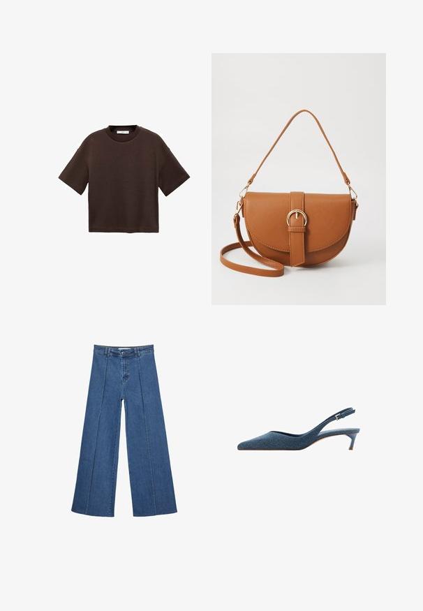 Smeđi kratki rukav majica od mekog pamuka. Ima okrugli izrez i širok kroj, s glatkom teksturom i bez vidljivih uzoraka.; Široke traperice u srednje plavoj boji, s visokim strukom, zatvaranjem na dugme i kontrastnim vertikalnim šavovima duž prednje strane.; Kobalt plave slingback štikle sa šiljastim vrhom i niskom, tankom potpeticom. Imaju teksturirani materijal u tamnoplavoj boji i elegantan, uski dizajn.; Smeđa kožna torba preko tijela s zakrivljenim oblikom, zlatnim metalnim detaljima i naglaskom na kopču. Ima odvojivu naramenicu.