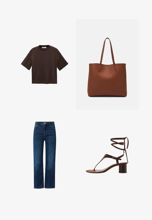 Brown short-sleeve t-shirt made of soft cotton. Features a round neckline and a boxy fit, with a smooth texture and no visible patterns.; Blue denim jeans with a straight-leg design, featuring a front fly, five pockets, and contrasting stitching. Smooth texture, medium wash.; Brown suede high-heeled sandal with a triangular toe strap, ankle ties, and a textured block heel for stability.; Brown leather tote bag with a smooth texture, open top design, and two shoulder straps. Features minimal stitching and no visible hardware.