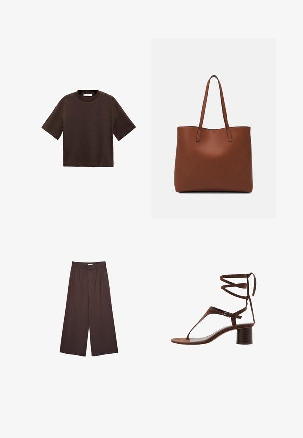 Smeđi kratki rukav majica od mekog pamuka. Ima okrugli izrez i širok kroj, s glatkom teksturom i bez vidljivih uzoraka.; Smeđe široke hlače izrađene od mekog materijala, s plisaima u struku i bočnim džepovima. Prilagođen silueta s udobnim krojem.; Smeđe suède sandale s visokom petom s trokutastim remenom za prste, vezanjem oko gležnja i teksturiranom blok petom za stabilnost.; Smeđa kožna torba preko ramena s glatkom teksturom, otvorenim vrhom i dvjema naramenicama. Ima minimalne šavove i nema vidljivog hardvera.