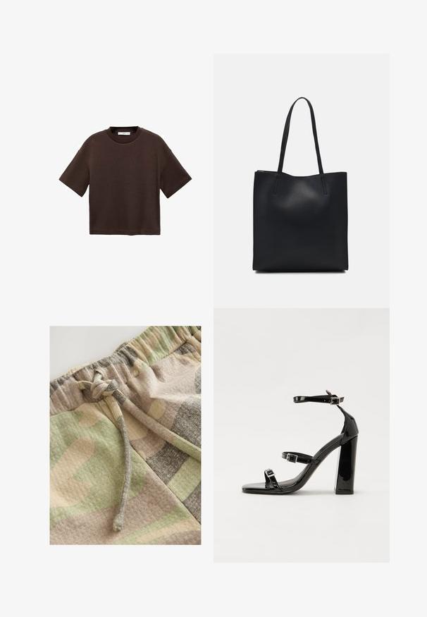 Brun kortærmet t-shirt lavet af blød bomuld. Har en rund halsudskæring og en boxy pasform, med en glat tekstur og ingen synlige mønstre.; Camo-mønstrede shorts med en blanding af grønne, beige og grå nuancer. Har en elastisk talje og snøre til justerbar pasform.; Sorte patenterede hælsandaler med firkantet tå, ankelremme og sølvspænder. Har en chunky blokHæl for stabilitet.; Sort læder tote taske med glat tekstur, rektangulær form og to lange hanke. Ingen synlig hardware eller udsmykninger.