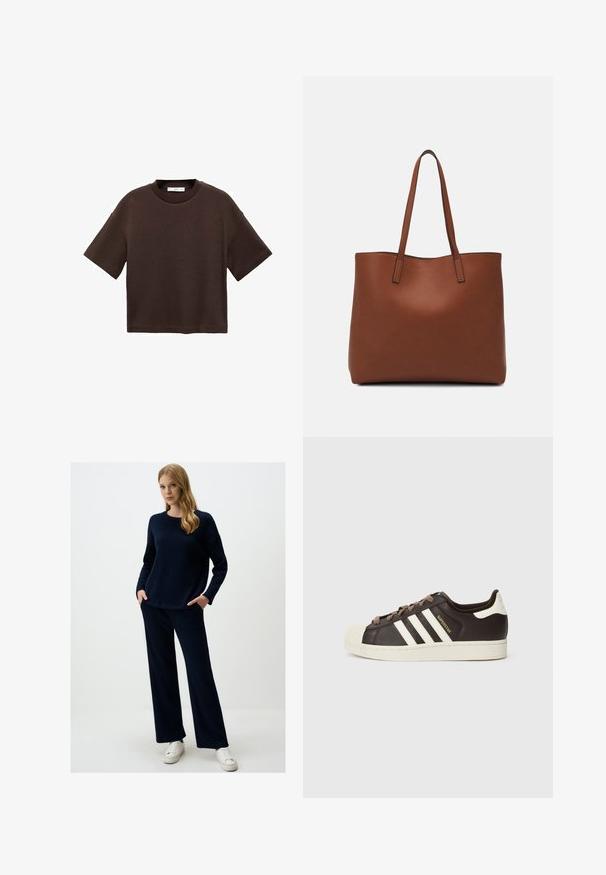 Braun t-Shirt mit kurzen Ärmeln aus weicher Baumwolle. Verfügt über einen runden Ausschnitt und einen kastigen Schnitt, mit einer glatten Textur und ohne sichtbare Muster.; Marine-blauer Strickpullover und passende weit geschnittene Hose. Strukturierter Stoff, Rundhalsausschnitt und seitliche Taschen. Kombiniert mit weißen Sneakers.; Low-Top Adidas Superstar Sneaker aus dunkelbraunem Leder mit cremefarbener Schale an der Spitze, weißen Streifen und dem Schriftzug "Superstar" an der Seite.; Braune Leder-Tote mit glatter Textur, offenem Oberteil und zwei Schulterriemen. Verfügt über minimale Nähte und keine sichtbaren Beschläge.