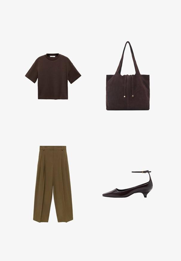 Brown short-sleeve t-shirt made of soft cotton. Features a round neckline and a boxy fit, with a smooth texture and no visible patterns.; Brown pleated trousers featuring a high waist, wide legs, and soft fabric texture, designed with four belt loops and a clean front.; Dark brown pointed-toe leather kitten heel shoe with a thin ankle strap and a small gold buckle.; Mango Tote bag - dark brown