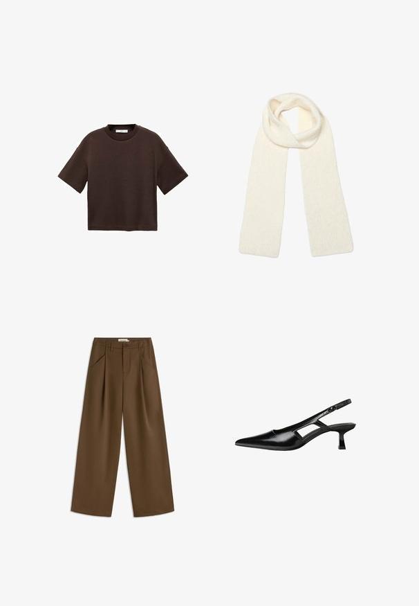 T-shirt marron à manches courtes en coton doux. Dispose d'un col rond et d'une coupe ample, avec une texture lisse et sans motifs visibles.; Pantalons marron à jambe large avec une taille haute, comportant deux plis à l'avant, des poches latérales et une fermeture à un seul bouton. Texture lisse.; Escarpins slingback en cuir verni noir avec un bout pointu, un design découpé sur les côtés et un petit talon carré. Texture lisse avec des accents minimaux.; Écharpe en tricot de couleur crème, pliée lâchement en haut avec les deux extrémités tombant droit vers le bas.