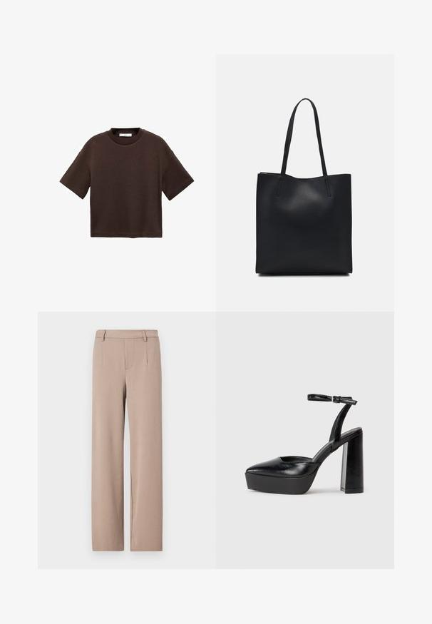 Bruine T-shirt met korte mouwen, gemaakt van zachte katoen. Heeft een ronde halslijn en een recht model, met een gladde textuur en geen zichtbare patronen.; Lichtbeige broeken met een rechte snit, op maat gemaakt ontwerp en steekzakken, met een gladde textuur en tailleband.; Zwarte plateauhakken met een puntige neus en verstelbare enkelband. Gemaakt van soepel leer, met een robuuste blokhak.; Zwarte leren handtas met een gladde textuur, rechthoekige vorm en twee lange handvaten. Geen zichtbare hardware of versieringen.