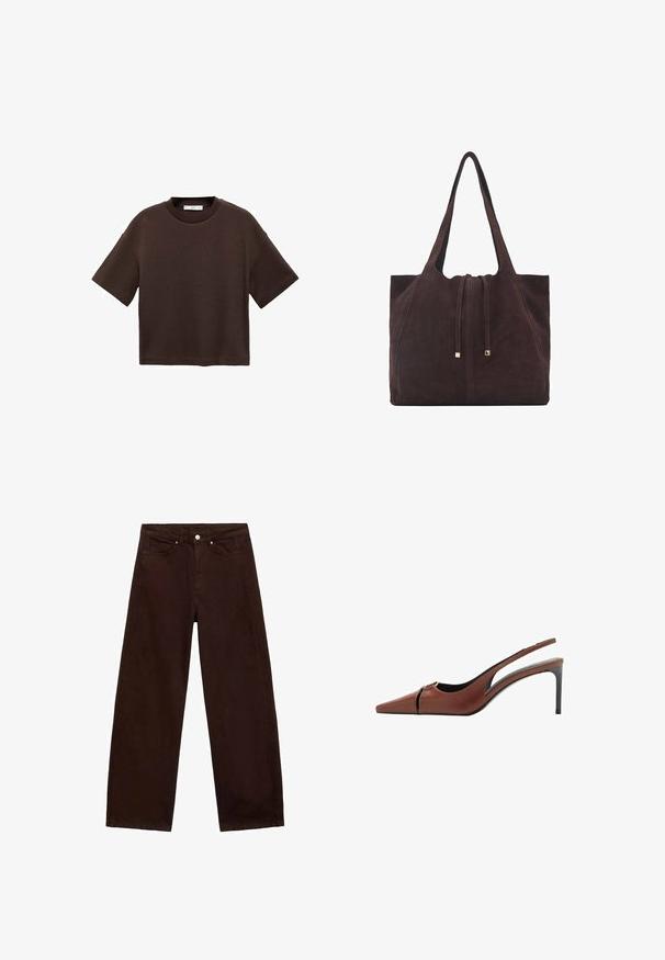 Smeđi kratki rukav majica od mekog pamuka. Ima okrugli izrez i širok kroj, s glatkom teksturom i bez vidljivih uzoraka.; Smeđe široke traperice izrađene od čvrstog pamučnog materijala. Sadrže zatvarač, pet džepova i suptilne detalje šivanja.; Smeđa kožna slingback potpetica s iznimno šiljastim vrhom, izrezanom detaljom na gornjem dijelu i elegantnom stiletto potpeticom. Glatka tekstura.; Mango Velika torba - dark brown