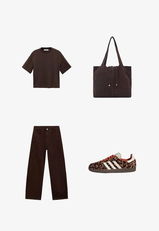 Brun kortärmad t-shirt i mjuk bomull. Har en rund halsringning och en boxig passform, med en slät textur och inga synliga mönster.; Bruna vida byxor i bred modell, tillverkade av slitstarkt bomullstyg. Har dragkedja, fem fickor och subtila sömnadsdetaljer.; Leopardmönstrade sneakers i mocka, med röda snören och tre vita ränder på sidan. Har en krämfärgad plös och brun sula.; Mango Shoppingväska - dark brown