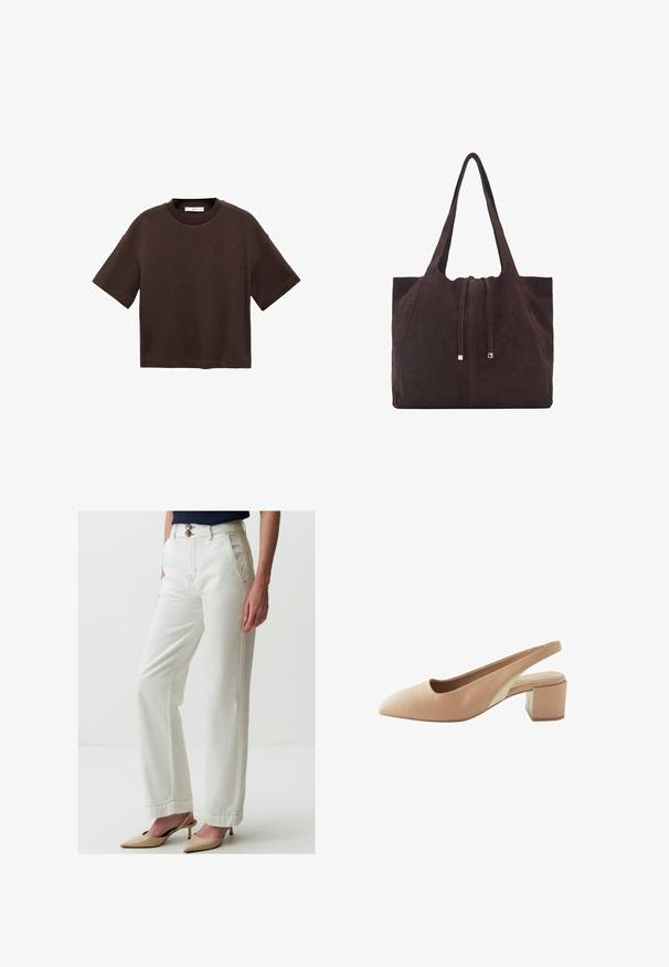 Braun t-Shirt mit kurzen Ärmeln aus weicher Baumwolle. Verfügt über einen runden Ausschnitt und einen kastigen Schnitt, mit einer glatten Textur und ohne sichtbare Muster.; Weiße weite Jeanshosen aus Denim, ausgestattet mit zwei Knöpfen, seitlichen Taschen, kontrastierenden Nähten und einer leichten Textur.; Nude Leder-Slingback-Schuh mit spitzem Fuß, niedrigem Blockabsatz und einem kontrastierenden beigen Seitenpanel. Glatte Textur, minimalistisches Design.; Mango Shopping Bag - dark brown