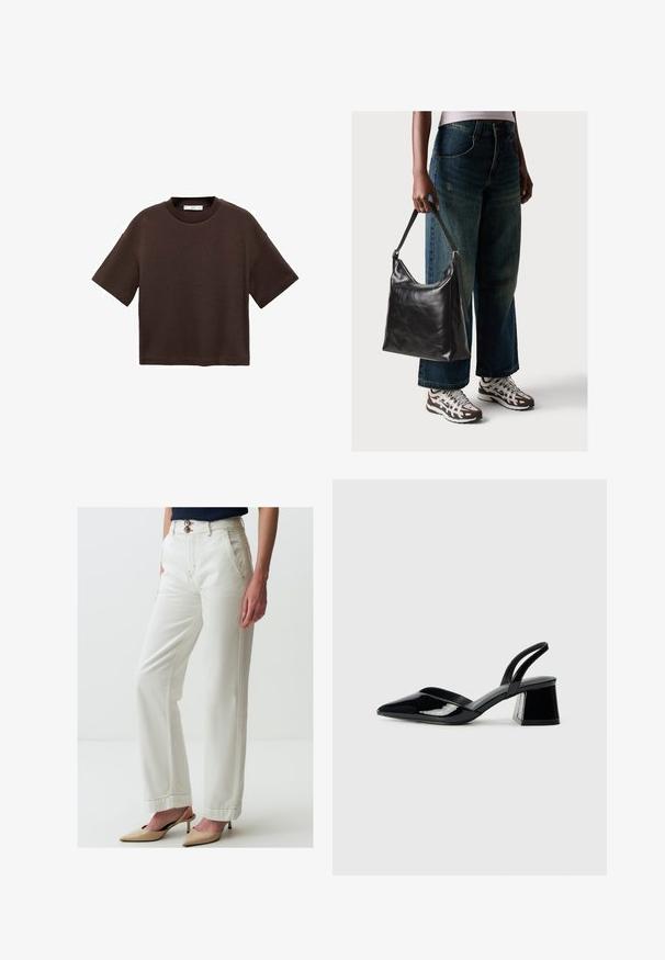 Bruine T-shirt met korte mouwen, gemaakt van zachte katoen. Heeft een ronde halslijn en een recht model, met een gladde textuur en geen zichtbare patronen.; Witte broek met wijde pijpen van denim, voorzien van twee knopen, voorkruiden, contrasterende stiksels en een lichte textuur.; Zwarte gepatineerde leren slingback hakken met een spitse neus en een geometrische blokhak. Kenmerkt zich door een slank, minimalistisch ontwerp en een gladde textuur.; Zwarte leren schoudertas met een gladde textuur en een verstelbare strap, gecombineerd met vervaagde wijde jeans en sportieve sneakers.