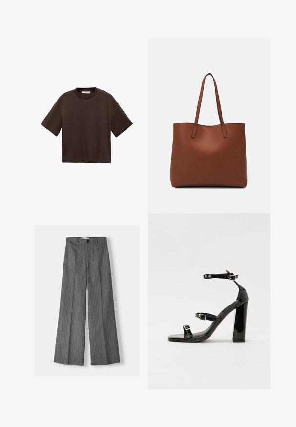 Brown short-sleeve t-shirt made of soft cotton. Features a round neckline and a boxy fit, with a smooth texture and no visible patterns.; Gray wide-leg trousers with a pinstripe pattern, featuring a button closure and two front pockets. Made from textured fabric.; Black patent heeled sandals with a square toe, ankle straps, and silver buckles. Features a chunky block heel for stability.; Brown leather tote bag with a smooth texture, open top design, and two shoulder straps. Features minimal stitching and no visible hardware.