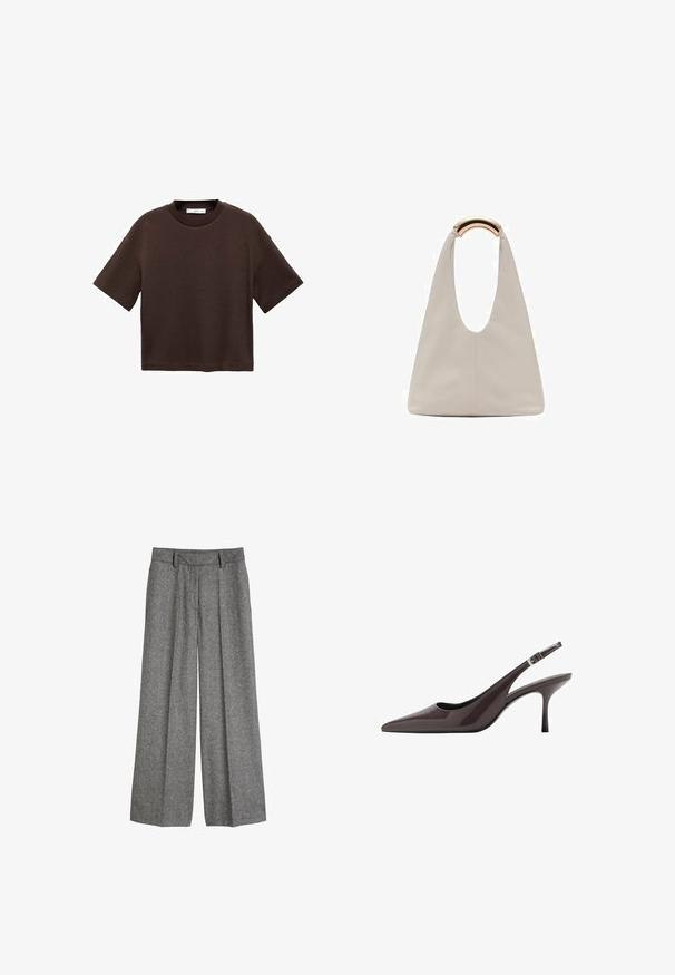 Brown short-sleeve t-shirt made of soft cotton. Features a round neckline and a boxy fit, with a smooth texture and no visible patterns.; Grey woolen wide-leg trousers with belt loops and front pleats, designed for a relaxed, tailored fit.; Pointed toe slingback heels in dark brown patent leather, featuring a slender high heel and an adjustable ankle strap with a buckle.; Light gray leather bag with a U-shaped design and a curved metallic handle. Smooth texture with minimal stitching and no visible patterns.