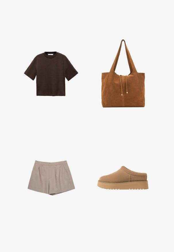 Brun kortærmet t-shirt lavet af blød bomuld. Har en rund halsudskæring og en boxy pasform, med en glat tekstur og ingen synlige mønstre.; Beige skræddersyede shorts med høj talje, bæltestropper, forkantsfolder og sidelommer, præsenteret på en hvid baggrund.; Brune slip-on sko med en blød tekstur, rund tå og en tyk, ribbet sål. Har diskret stikninger på siden.; Brun ruskinds-tote med to lange stropper, snørelukning og minimalistisk design. Glat tekstur og ingen synlige hardware-detaljer.
