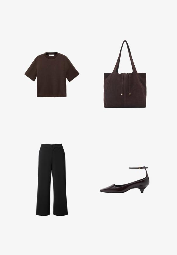 Brun kortärmad t-shirt i mjuk bomull. Har en rund halsringning och en boxig passform, med en slät textur och inga synliga mönster.; Svarta vida byxor i mjukt, lätt tyg. Har knappstängning framtill och sidofickor för funktionalitet.; Mörkbrun spetsig läderkattklackssko med en tunn ankelrem och en liten guldkopp.; Mango Shoppingväska - dark brown