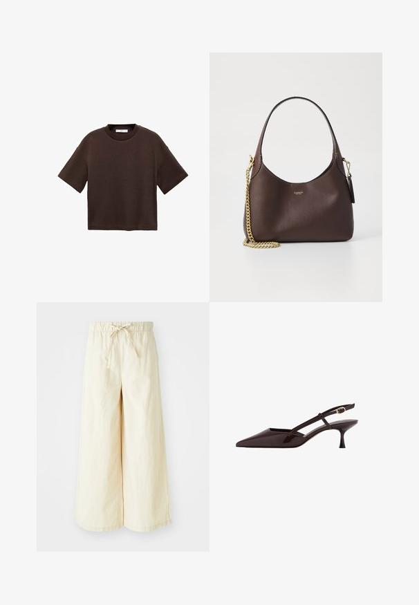 Braun majica s kratkimi rokavi, izdelana iz mehkega bombaža. Ima okroglo ovratnico in širok kroj, z gladko teksturo in brez vidnih vzorcev.; Široke hlače iz mehke, lahke bež tkanine. Imajo elastičen pas z nastavljivo vrvico spredaj. Gladka tekstura.; Temno rjava lakirana usnjena slingback pumpa z ostrim nosom, nizkim stiletto petami in nastavljivim zlatim sponkastim trakom.; COACH BROOKLYN SHOULDER BAG 23 - Torbica - maple