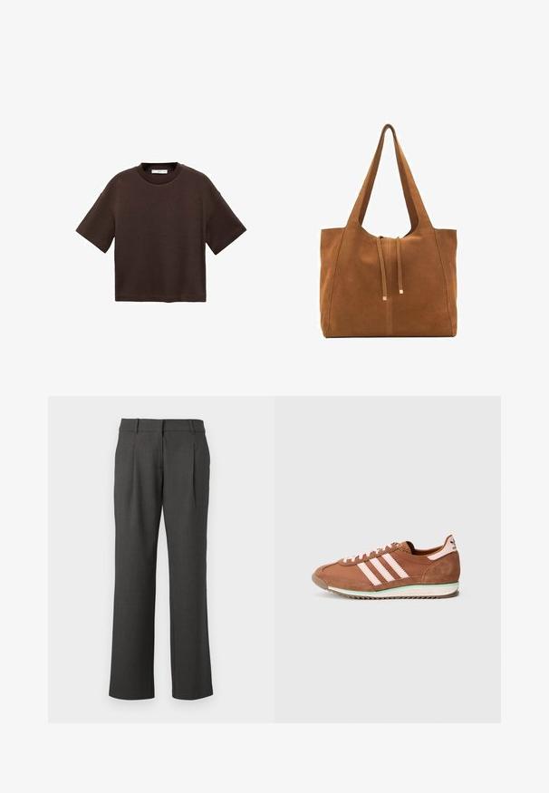 Brown short-sleeve t-shirt made of soft cotton. Features a round neckline and a boxy fit, with a smooth texture and no visible patterns.; Dark gray formal trousers with straight legs, belt loops, and front pleats, displayed against a white background.; Brown and pink Adidas sneaker with suede details, three pink stripes on the side, and a white sole with a green accent.; Brown suede tote bag with two long straps, drawstring closure, and minimalistic design. Smooth texture and no visible hardware accents.