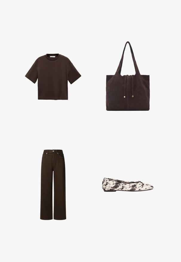 Smeđi kratki rukav majica od mekog pamuka. Ima okrugli izrez i širok kroj, s glatkom teksturom i bez vidljivih uzoraka.; Pepe Jeans LEXA - Traperice ravnih nogavica - chocolate brown; Crno-bijela točkasta balerinka s malom mašnom na zaobljenom vrhu i niskom petom, prikazana sa strane na bijeloj pozadini.; Mango Velika torba - dark brown