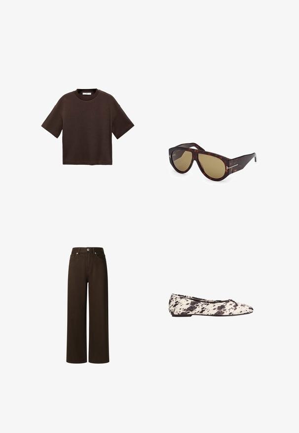 Hnědé tričko s krátkým rukávem vyrobené z měkké bavlny. Má kulatý výstřih a volný střih, s hladkou strukturou a bez viditelných vzorů.; Pepe Jeans LEXA - Džíny Straight Fit - chocolate brown; Černobílé puntíkované baletní boty s malou mašlí na zakulacené špičce a nízkým podpatkem, zobrazené z boku na bílém pozadí.; Tom Ford BRONSON - Sluneční brýle - dark havana; Mango Velká kabelka - dark brown