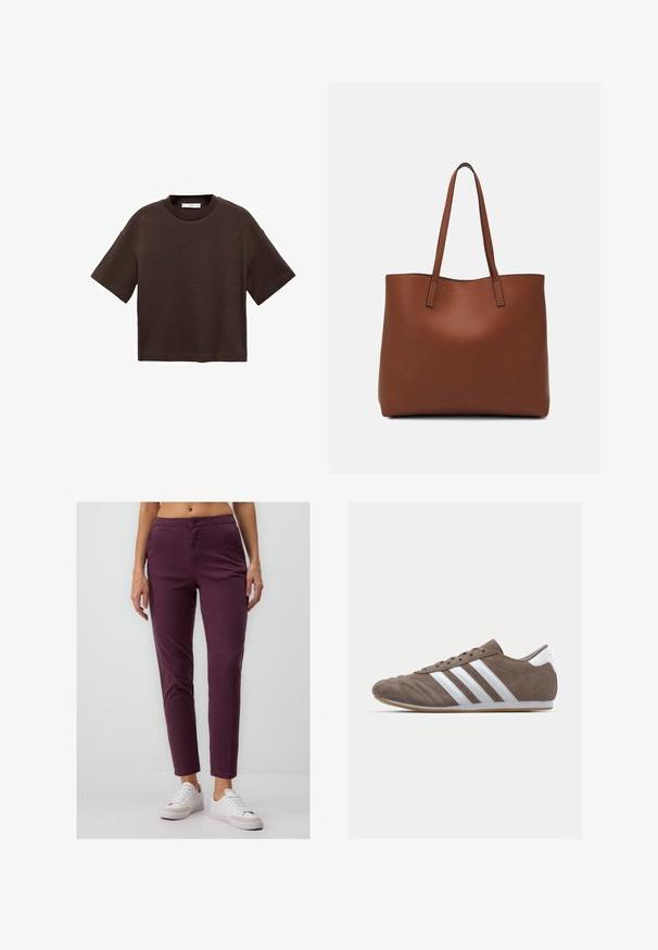 Brązowa koszulka z krótkim rękawem, wykonana z miękkiej bawełny. Posiada okrągły dekolt i luźny krój, charakteryzuje się gładką fakturą i brakiem widocznych wzorów.; Bordowe spodnie slim-fit z bawełny, z zapięciem na guzik, kieszeniami z przodu i skróconą długością, połączone z białymi sneakersami.; Brązowy zamszowy but sportowy z białymi paskami, okrągłym noskiem, sznurowanym zapięciem i podeszwą z gumy. Teksturowana cholewka z detalami przeszycia.; Brązowa skórzana torba tote o gładkiej fakturze, z otwartym wierzchem i dwoma ramiączkami. Charakteryzuje się minimalnym przeszyciem i brakiem widocznych elementów metalowych.