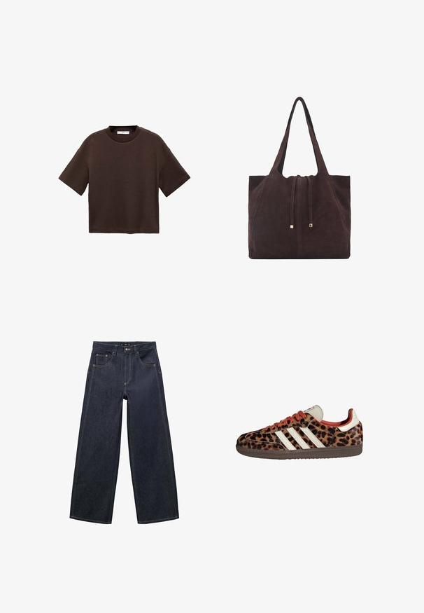Bruine T-shirt met korte mouwen, gemaakt van zachte katoen. Heeft een ronde halslijn en een recht model, met een gladde textuur en geen zichtbare patronen.; Donkerblauwe brede jeans gemaakt van denim stof. Heeft een ritssluiting, een knoopsluiting en contrasterende stiksels langs de naden.; Leopardprint sneakers van suède met rode veters en drie witte strepen aan de zijkant. Bevat een crèmekleurige tong en een bruine zool.; Mango Shopper - dark brown