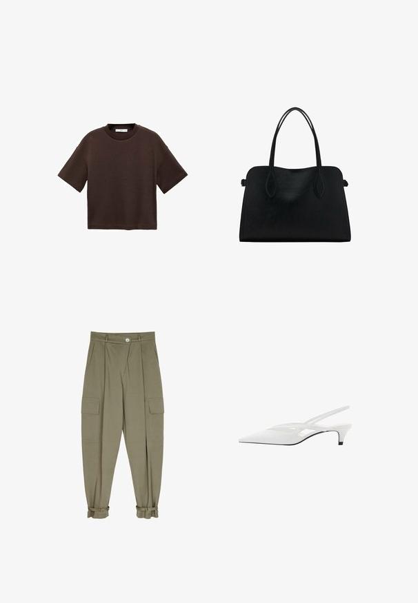 Braun t-Shirt mit kurzen Ärmeln aus weicher Baumwolle. Verfügt über einen runden Ausschnitt und einen kastigen Schnitt, mit einer glatten Textur und ohne sichtbare Muster.; Olivgrüne Cargo-Hosen aus weichem Stoff, mit zwei Fronttaschen, gefaltetem Design und einem Saum mit verstellbaren Verschlüssen.; Weißer Slingback-Absatzschuh mit spitzer Zehenpartie, featuring ein glattes Obermaterial, subtile Ausschnitte und einen niedrigen Blockabsatz. Die schwarze Sohle betont das Design.; Schwarze Lederhandtasche mit zwei Schulterriemen, rechteckiger Form und minimalistischem Design auf weißem Hintergrund.