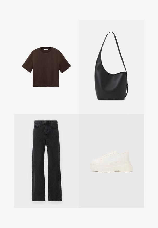 Tricou scurt cu mânecă scurtă, de culoare maro, fabricat din bumbac moale. Are un decolteu rotund și o croială tip boxy, cu o textură netedă și fără modele vizibile.; Blugi din denim negru cu un design cu picioare largi, având un stil clasic cu cinci buzunare, închidere cu nasture și ușoară decolorare.; Tenisi albi din pânză cu o talpă groasă, vârf rotund și cinci gauri pentru șireturi. Tab pentru ușurința la încălțare. Textură netedă, design minimalist.; Geantă hobo din piele neagră, cu o textură netedă, formă curbată și un singur bretele ajustabil; are o deschidere largă în partea de sus.