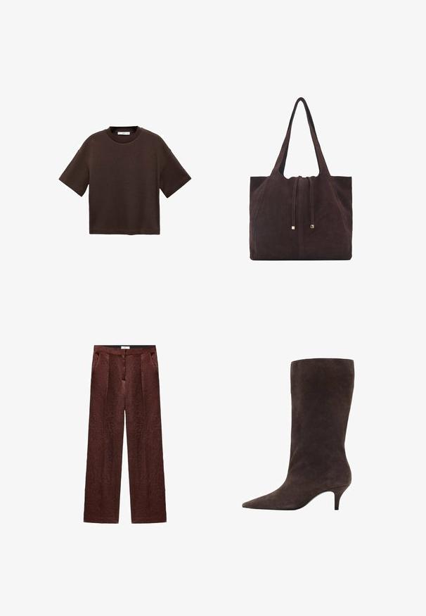 Smeđi kratki rukav majica od mekog pamuka. Ima okrugli izrez i širok kroj, s glatkom teksturom i bez vidljivih uzoraka.; Smeđe hlače širokih nogavica izrađene od teksturiranog materijala, s prednjim plisiranim detaljima i bočnim džepovima, te glatkim pojasom na vrhu.; Smešasti antilop čizme do koljena smeđe boje s oštrim rhinsetom i srednje visokom potpeticom, s glatkom teksturom i elegantnim dizajnom.; Mango Velika torba - dark brown
