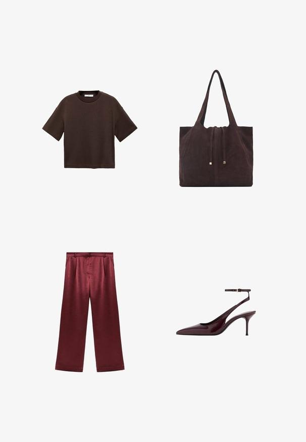 Smeđi kratki rukav majica od mekog pamuka. Ima okrugli izrez i širok kroj, s glatkom teksturom i bez vidljivih uzoraka.; Bordo široke hlače od satena s glatkom teksturom, sa visokim strukom i dva bočna džepa za funkcionalan detalj.; Burgundska lakirana kožna cipelica s šiljastim nosom, otvorenom petom i tankim remenom oko gležnja, srednje visoke potpetice na bijeloj pozadini.; Mango Velika torba - dark brown