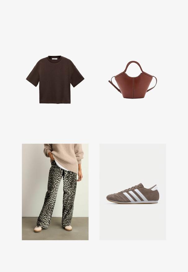 Braun t-Shirt mit kurzen Ärmeln aus weicher Baumwolle. Verfügt über einen runden Ausschnitt und einen kastigen Schnitt, mit einer glatten Textur und ohne sichtbare Muster.; Tiermuster-Hosen in Schwarz und Grau mit weiter Beinform, aus weichem Stoff, kombiniert mit einem beigen Strickpullover und hellen Schuhen.; Braune Wildleder-Sportschuhe mit weißen Streifen, runder Zehenform, Schnürdesign und Gummisohle. Strukturiertes Obermaterial mit Nahtdetails.; Braune Ledertasche mit konischer Form, robusten Trägern und kontrastierenden weißen Nähten. Verfügt über einen abnehmbaren Schultergurt für Vielseitigkeit.