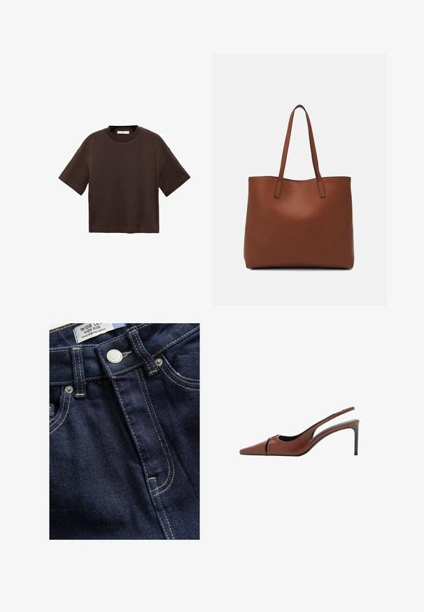 Hnedé tričko s krátkym rukávom vyrobené z mäkké bavlny. Má okrúhly výstrih a voľný strih, s hladkou textúrou a bez viditeľných vzorov.; Next WIDE - Široké nohavice - rinse; Hnedé kožené sandále na podpätku so špicatou špičkou, výrezom na priehlavku a elegantným stiletto podpätkom. Hladká textura.; Hnedá kožená taška na rameno s hladkou textúrou, otvoreným vrchom a dvoma ramenými popruhmi. Má minimálne šitia a žiadne viditeľné kovania.