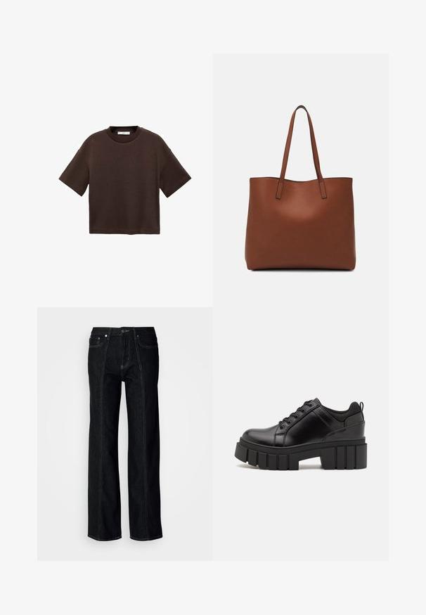 Braun majica s kratkimi rokavi, izdelana iz mehkega bombaža. Ima okroglo ovratnico in širok kroj, z gladko teksturo in brez vidnih vzorcev.; Črne široke jeans hlače iz denima, z vidnimi šivi, gumbom za zapiranje in dvema sprednjima žepoma. Gladka tekstura s ravnim krojem.; Črne usnjene platforme z debelim blokastim petam, okroglo konico in klasičnim vezanjem. Imajo gladko teksturo in minimalne podrobnosti.; Rjava usnjena torba z gladko teksturo, odprto zasnovo zgoraj in dvema naramnima trakovoma. Opremljena je z minimalnim šivanjem in brez vidnih kovinskih delov.