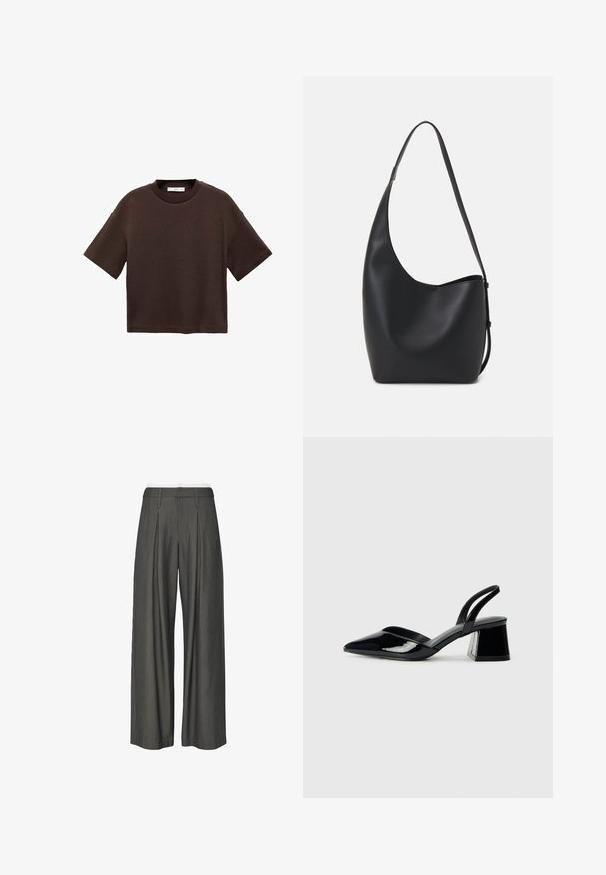 Brązowa koszulka z krótkim rękawem, wykonana z miękkiej bawełny. Posiada okrągły dekolt i luźny krój, charakteryzuje się gładką fakturą i brakiem widocznych wzorów.; Szare spodnie na szerokim nogawce z delikatnym prążkiem, z plisowanym przodem, elastycznym paskiem w talii i gładką teksturą, zaprojektowane dla swobodnego fasonu.; Czarne lakierowane półbuty na obcasie z wydłużonym noskiem i geometrycznym słupkiem. Charakteryzują się eleganckim, minimalistycznym designem oraz gładką fakturą.; Czarna skórzana torba hobo o gładkiej fakturze, zaokrąglonym kształcie i pojedynczym, regulowanym pasku; posiada szerokie otwarcie na górze.
