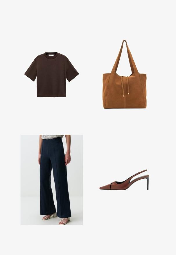Brązowa koszulka z krótkim rękawem, wykonana z miękkiej bawełny. Posiada okrągły dekolt i luźny krój, charakteryzuje się gładką fakturą i brakiem widocznych wzorów.; Spodnie o szerokich nogawkach w ciemnonawiwowym kolorze z gładkiego materiału, z pionowymi szwami dla dodatkowej struktury. Połączone z sandałami na obcasie z paskami.; Brązowe skórzane obcasy typu slingback z ostrym noskiem, wycięciem w przedniej części i smukłym obcasem w stylu stiletto. Gładka faktura.; Brązowa torba tote z zamszu z dwoma długimi paskami, zamknięciem na sznurek i minimalistycznym wzornictwem. Gładka tekstura i brak widocznych akcentów metalowych.