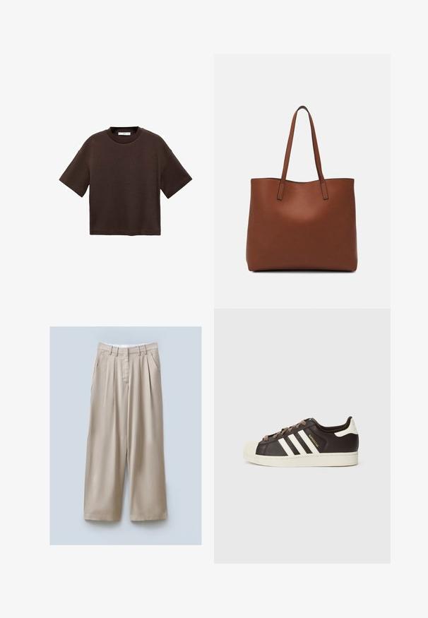 Braun t-Shirt mit kurzen Ärmeln aus weicher Baumwolle. Verfügt über einen runden Ausschnitt und einen kastigen Schnitt, mit einer glatten Textur und ohne sichtbare Muster.; Beige weite Hose mit strukturiertem Finish, ausgestattet mit zwei Seitentaschen, vorderen Falten und einem Bund für einen sicheren Sitz.; Low-Top Adidas Superstar Sneaker aus dunkelbraunem Leder mit cremefarbener Schale an der Spitze, weißen Streifen und dem Schriftzug "Superstar" an der Seite.; Braune Leder-Tote mit glatter Textur, offenem Oberteil und zwei Schulterriemen. Verfügt über minimale Nähte und keine sichtbaren Beschläge.