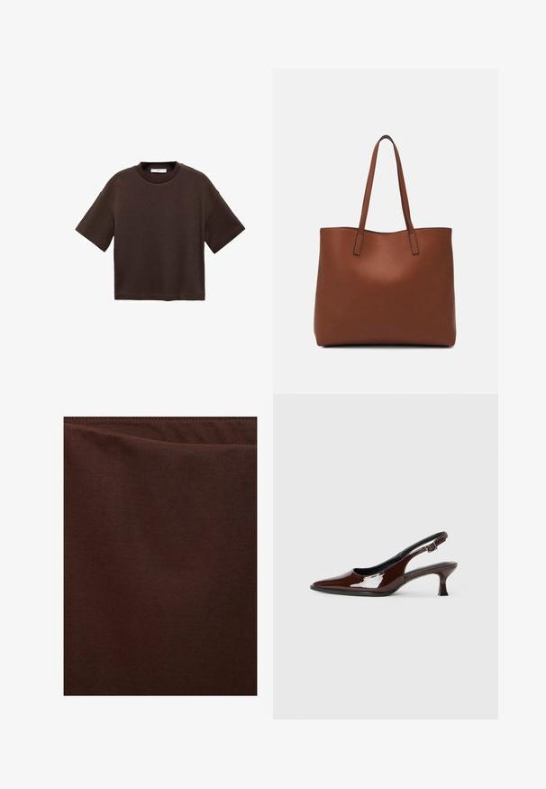 Hnedé tričko s krátkym rukávom vyrobené z mäkké bavlny. Má okrúhly výstrih a voľný strih, s hladkou textúrou a bez viditeľných vzorov.; Tmavohnedá tkanina, hladká textúra, mierne lesklý povrch, bez viditeľných vzorov alebo akcentov, s čistým a jednoduchým dizajnom.; Hnedá lakovaná slingback obuv s špicatou špičkou a mierne vysokým opätkom. Obsahuje pracku pre bezpečné upevnenie. Hladká textúra.; Hnedá kožená taška na rameno s hladkou textúrou, otvoreným vrchom a dvoma ramenými popruhmi. Má minimálne šitia a žiadne viditeľné kovania.