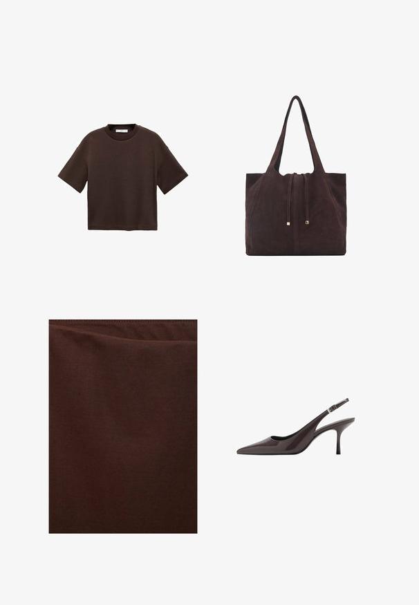 Hnědé tričko s krátkým rukávem vyrobené z měkké bavlny. Má kulatý výstřih a volný střih, s hladkou strukturou a bez viditelných vzorů.; Tmavě hnědá tkanina, hladká textura, mírně lesklý povrch, bez viditelných vzorů či akcentů, má čistý a jednoduchý design.; Slaměné lodičky s špičatou špičkou v tmavě hnědé lakované kůži, s úzkým vysokým podpatkem a nastavitelním zápěstním páskem se sponou.; Mango Velká kabelka - dark brown