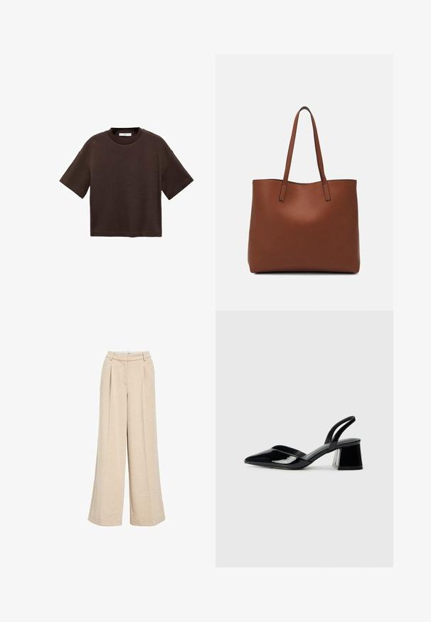 T-shirt marron à manches courtes en coton doux. Dispose d'un col rond et d'une coupe ample, avec une texture lisse et sans motifs visibles.; Pantalons larges beige clair en tissu texturé, avec une taille haute, des plis avant et des poches latérales pour plus de fonctionnalité.; Escarpins en cuir verni noir avec bout pointu et talon bloc géométrique. Présente un design élégant et minimaliste ainsi qu'une texture lisse.; Sac fourre-tout en cuir marron avec une texture lisse, design à ouverture supérieure et deux poignées pour le porter à l'épaule. Présente des coutures minimales et aucun matériel visible.