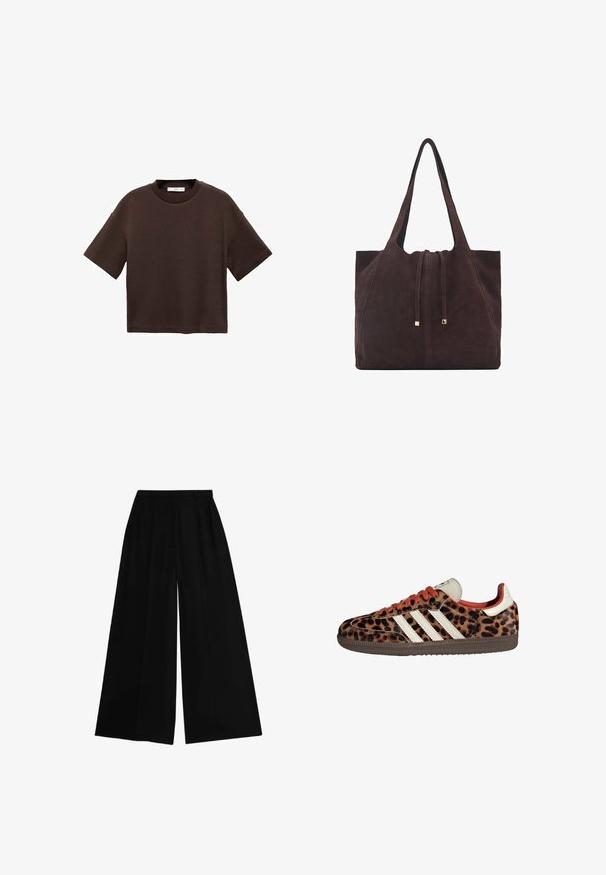 T-shirt marron à manches courtes en coton doux. Dispose d'un col rond et d'une coupe ample, avec une texture lisse et sans motifs visibles.; Pantalons larges noirs avec une taille haute, fabriqués dans un tissu lisse, dotés de plis pressés pour la structure et une coupe ajustée.; Baskets en imprimé léopard avec un matériau en suède, lacets rouges et trois rayures blanches sur le côté. Présente une languette de couleur crème et une semelle marron.; Mango Cabas - dark brown