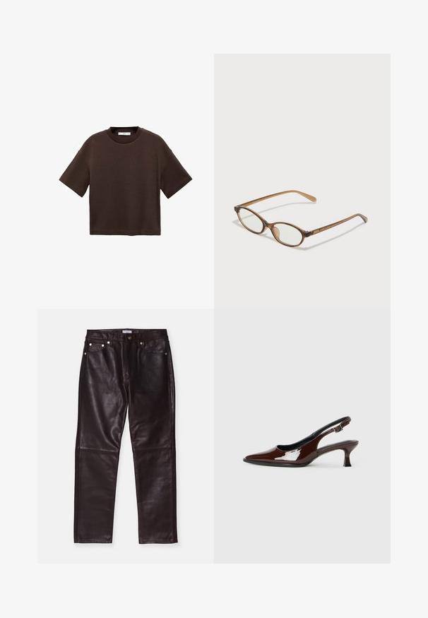 Braun t-Shirt mit kurzen Ärmeln aus weicher Baumwolle. Verfügt über einen runden Ausschnitt und einen kastigen Schnitt, mit einer glatten Textur und ohne sichtbare Muster.; Braune Lederhose mit glatter Textur, ausgestattet mit vier Taschen, einem Reißverschluss und Metallakzenten. Taillierter Schnitt mit geradem Bein.; Braune Lackleder-Slingback-Schuhe mit spitzer Zehe und moderatem Absatz. Mit einem Schnallenriemen für einen sicheren Sitz. Glatte Textur.; Braune Schildpatt-Brille mit ovalen Gläsern, dünnen Bügeln und transparenten Akzenten. Verfügt über ein dezentes Logo am Bügel. Elegantes, leichtes Design.