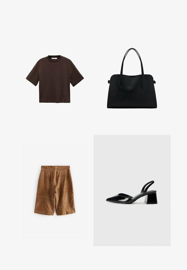 T-shirt corto marrone a maniche corte realizzato in cotone morbido. Presenta un colletto rotondo e una vestibilità ampia, con una texture liscia e senza motivi visibili.; Shorts in suede marrone con una vestibilità rilassata, caratterizzati da dettagli delle cuciture sottili e una vita di altezza media. Tessuto liscio senza hardware visibili.; Décolleté in vernice nera con punta affusolata e tacco in geometria cubica. Presentano un design elegante e minimalista, con una texture liscia.; Borsa a mano in pelle nera con doppio manico, forma rettangolare e design minimalista su sfondo bianco.