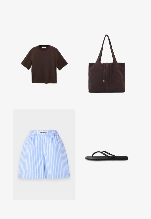 Bruine T-shirt met korte mouwen, gemaakt van zachte katoen. Heeft een ronde halslijn en een recht model, met een gladde textuur en geen zichtbare patronen.; Lichtblauwe shorts met witte verticale strepen, voorzien van een elastische tailleband met het label "ROUGE EDIT." Gladde, lichte stof met een relaxte pasvorm.; Zwarte flip-flop met een gestructureerde rubberen zool, twee slanke banden en een subtiele, ingedrukte logo-detail op de band.; Mango Shopper - dark brown