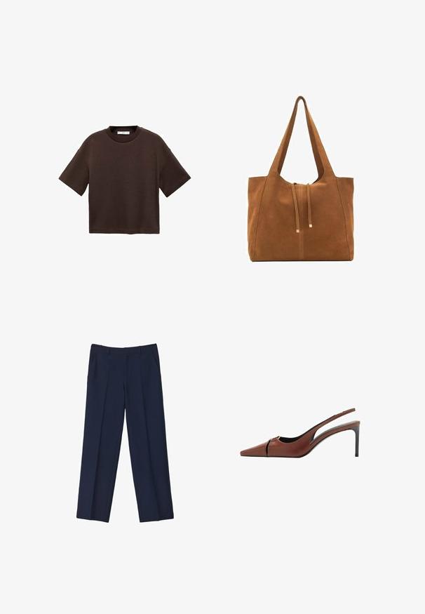 Brązowa koszulka z krótkim rękawem, wykonana z miękkiej bawełny. Posiada okrągły dekolt i luźny krój, charakteryzuje się gładką fakturą i brakiem widocznych wzorów.; Granatowe spodnie o kroju dopasowanym, z prostą nogawką, z frontowymi zakładkami i kieszeniami bocznymi. Materiał wydaje się gładki i dobrze ustrukturyzowany.; Brązowe skórzane obcasy typu slingback z ostrym noskiem, wycięciem w przedniej części i smukłym obcasem w stylu stiletto. Gładka faktura.; Brązowa torba tote z zamszu z dwoma długimi paskami, zamknięciem na sznurek i minimalistycznym wzornictwem. Gładka tekstura i brak widocznych akcentów metalowych.