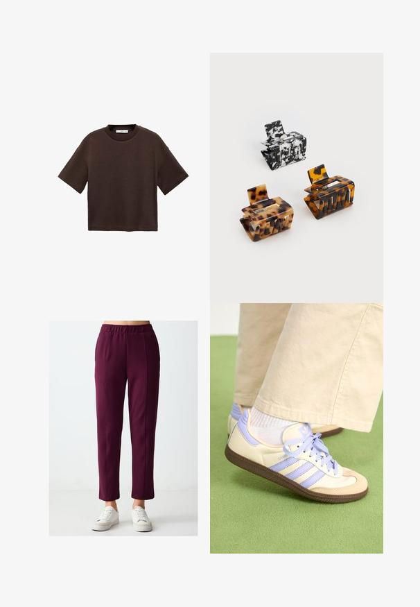 Braun t-Shirt mit kurzen Ärmeln aus weicher Baumwolle. Verfügt über einen runden Ausschnitt und einen kastigen Schnitt, mit einer glatten Textur und ohne sichtbare Muster.; Burgunderfarbene Schlupfhosen mit geradem Schnitt, die eine glatte Textur und kontrastierende Nähte aufweisen. Kombiniert mit weißen Sneakern.; Cremefarbene und lavendelfarbene Sneakers mit drei Streifen und einer strukturierten braunen Sohle, ausgestattet mit Schnürsenkeln und einer gepolsterten Ferse. Obermaterial aus weichem Stoff.; Drei Haarklammern: eine schwarz-weiß marmorierte, zwei schildpattfarbene in Braun- und schwarzem Farbton, alle aus glänzendem Kunststoff mit einer strukturierten Oberfläche.